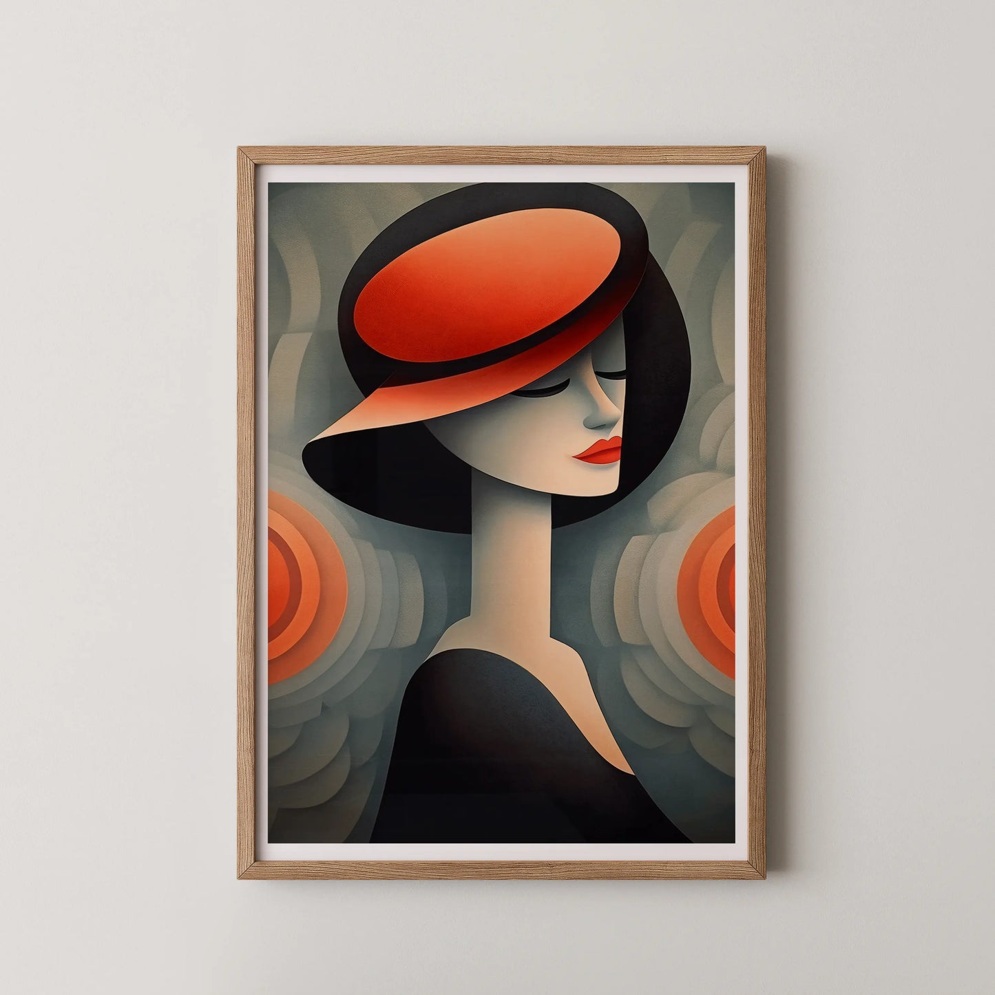 A modern art deco style wall art poster featuring a female portrait with a wide-brimmed hat and red lips.