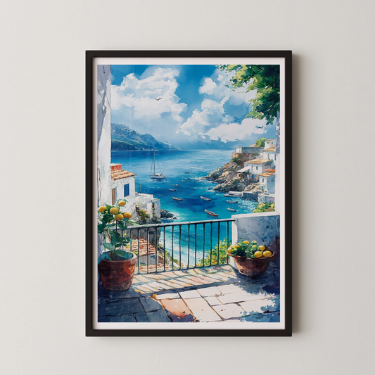 A watercolor-style painting of a serene coastal village with boats and a balcony overlooking the sea.