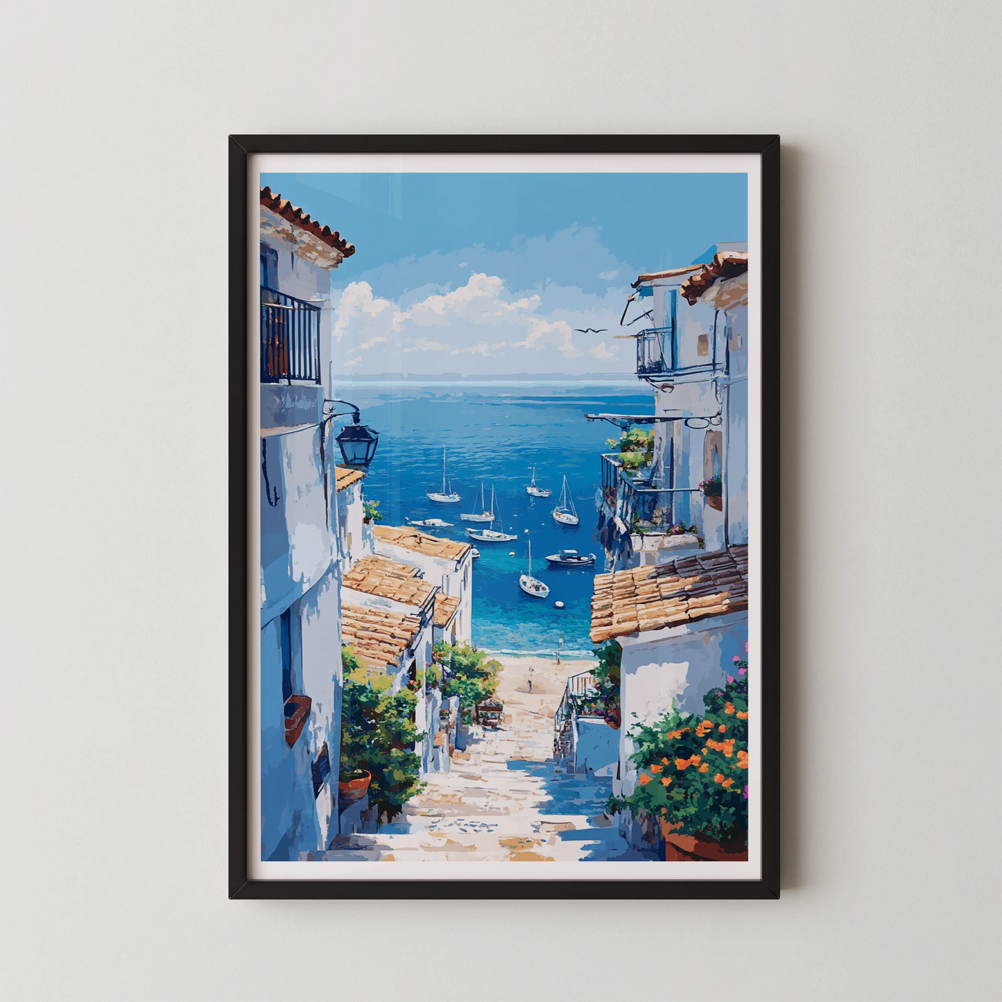 A modern art piece depicting the Mediterranean Coast with sun-kissed steps leading to the azure sea.