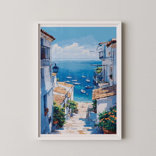 A modern art piece depicting the Mediterranean Coast with sun-kissed steps leading to the azure sea.