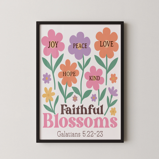 A modern art print featuring floral motifs with positive words like JOY, LOVE, PEACE, HOPE, and KIND.