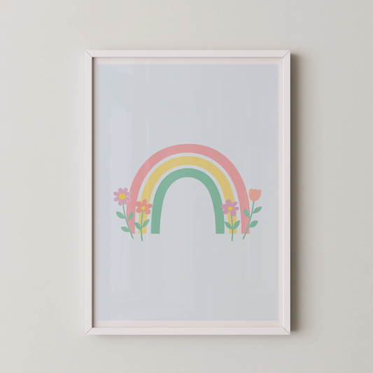A modern, flat-design illustration of a pastel rainbow arching over a field of stylized flowers, in a whimsical and serene style.