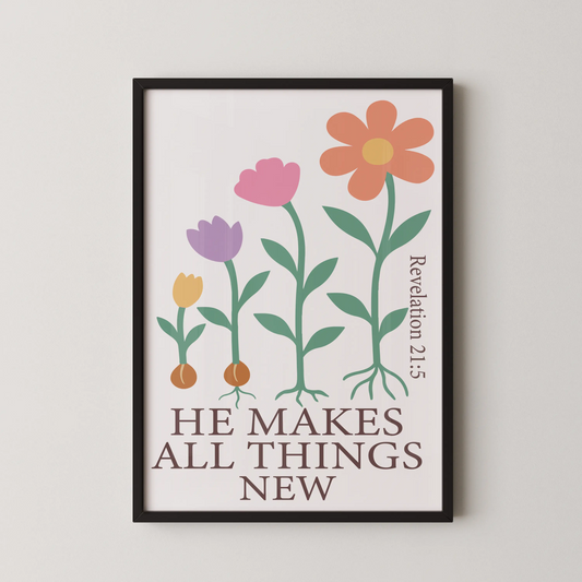 A modern art print featuring stylized flowers in a joyful and renewing theme.