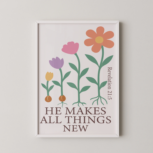 A modern art print featuring stylized flowers in a joyful and renewing theme.