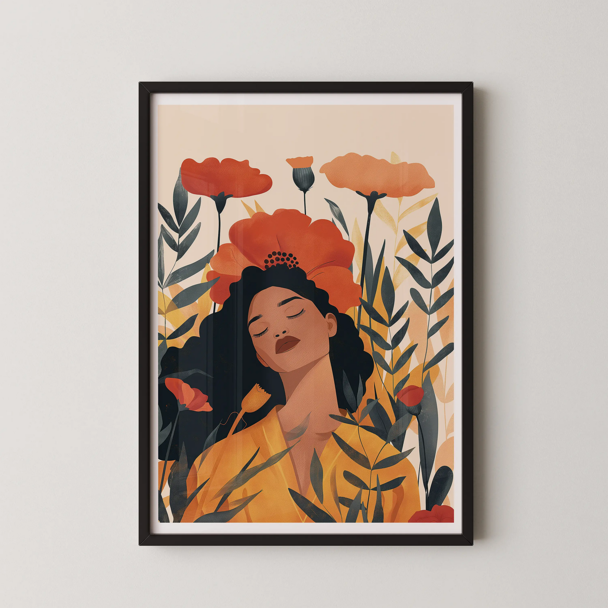 A modern minimalist illustration of a serene figure surrounded by lush blooms in warm shades.