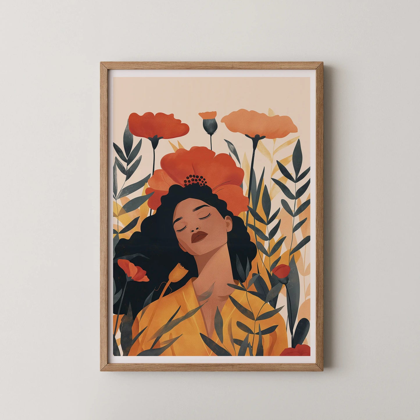 A modern minimalist illustration of a serene figure surrounded by lush blooms in warm shades.