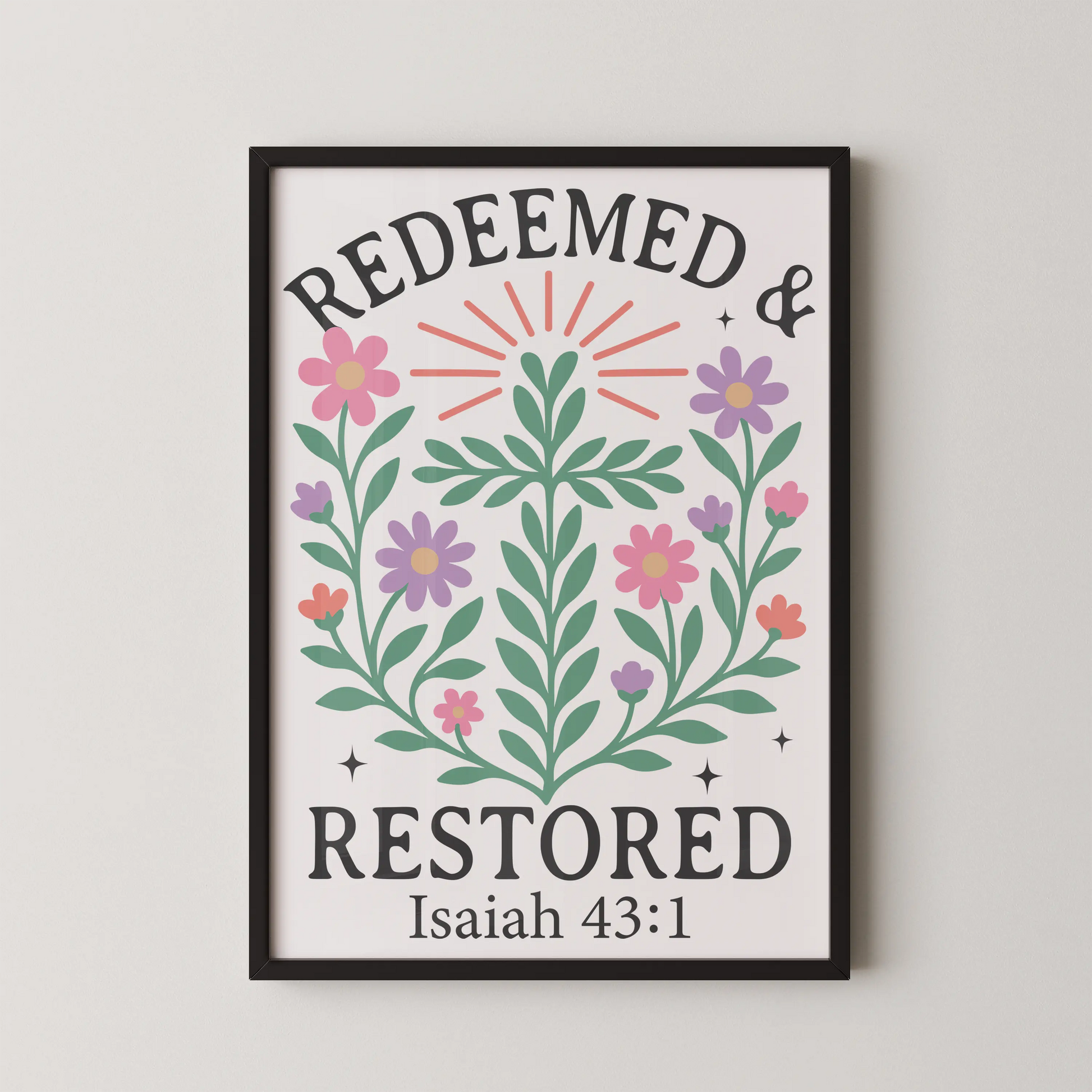 A modern floral arrangement wall art with pastel hues and sunlight rays.