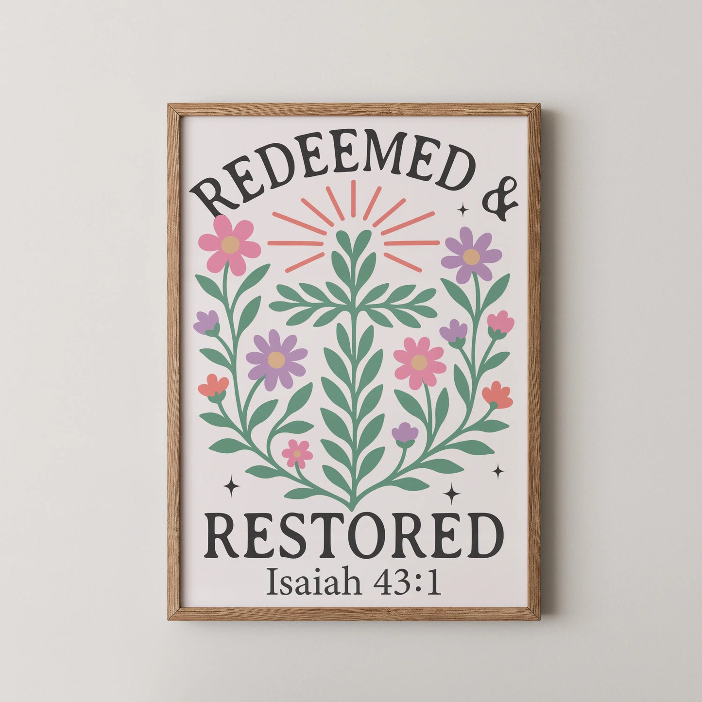 A modern floral arrangement wall art with pastel hues and sunlight rays.