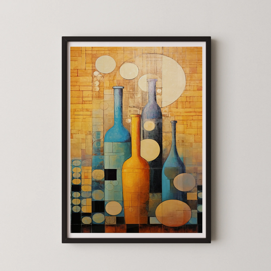 An abstract artwork featuring three elegantly shaped bottles in vibrant colors and geometric shapes, in a modern style.