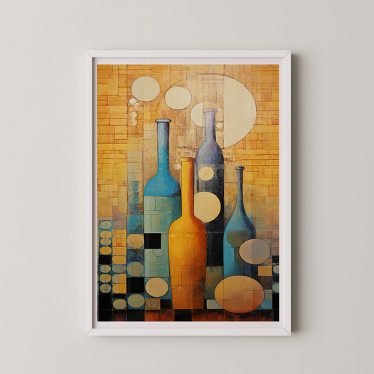 An abstract artwork featuring three elegantly shaped bottles in vibrant colors and geometric shapes, in a modern style.