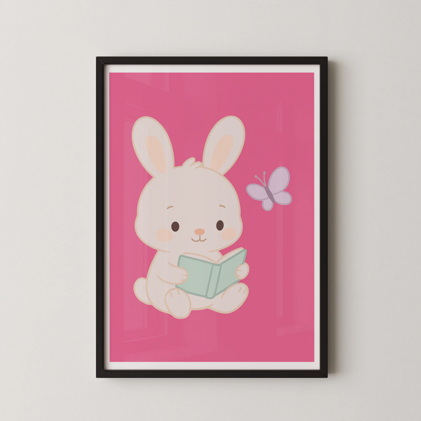 A kawaii flat-vector illustration of a cute bunny reading a book, in a modern style.