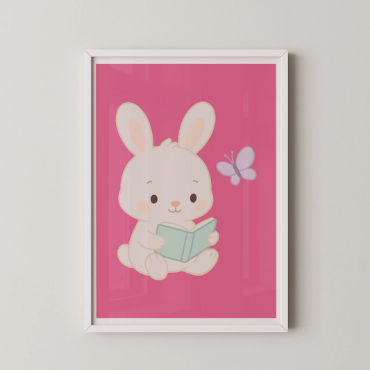 A kawaii flat-vector illustration of a cute bunny reading a book, in a modern style.