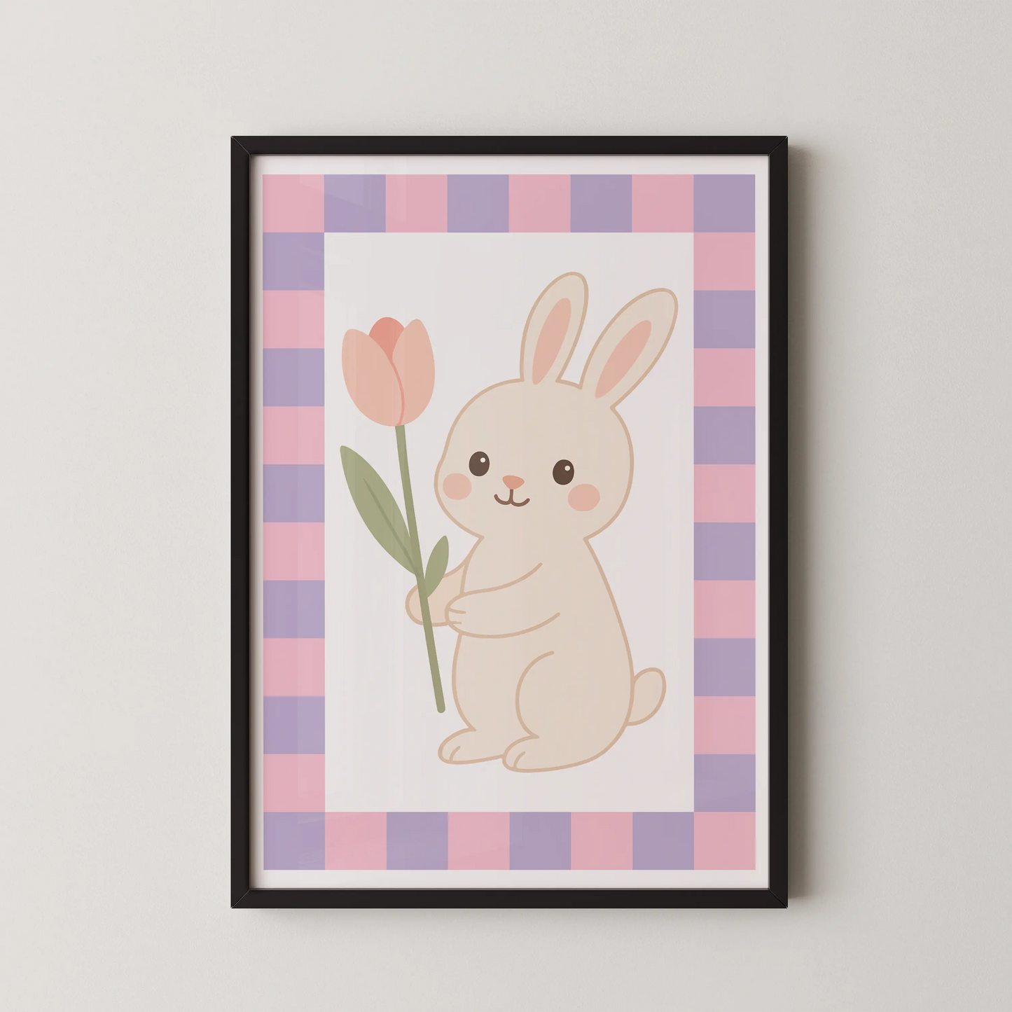A flat-design kawaii illustration of a cream-colored bunny hugging a peach-pink tulip, in a modern art style.