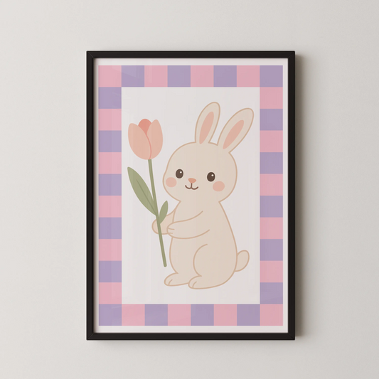 A flat-design kawaii illustration of a cream-colored bunny hugging a peach-pink tulip, in a modern art style.