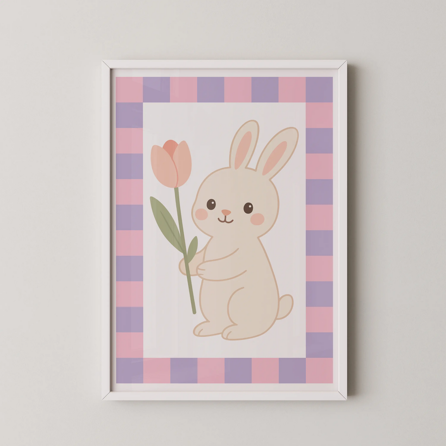 A flat-design kawaii illustration of a cream-colored bunny hugging a peach-pink tulip, in a modern art style.