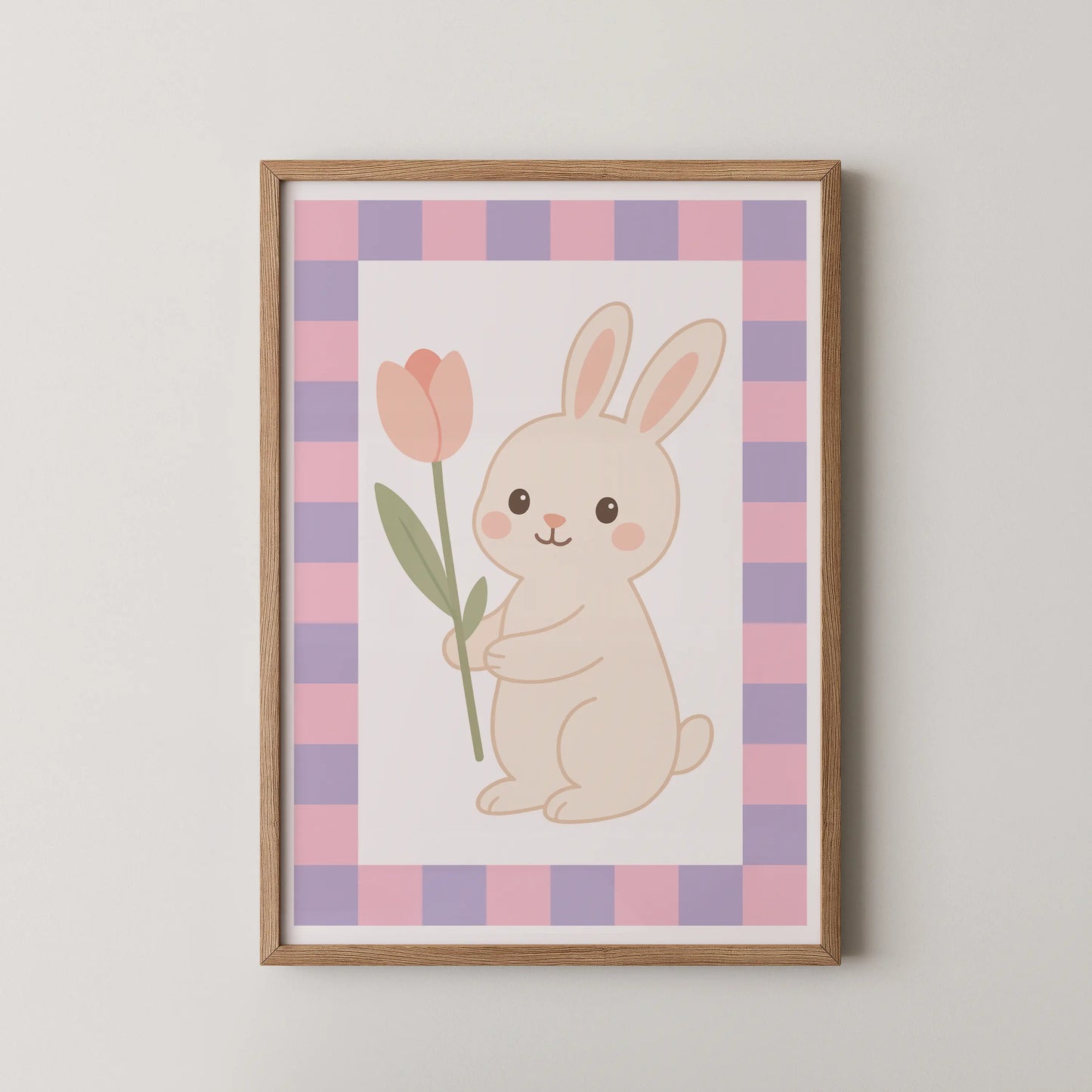 A flat-design kawaii illustration of a cream-colored bunny hugging a peach-pink tulip, in a modern art style.