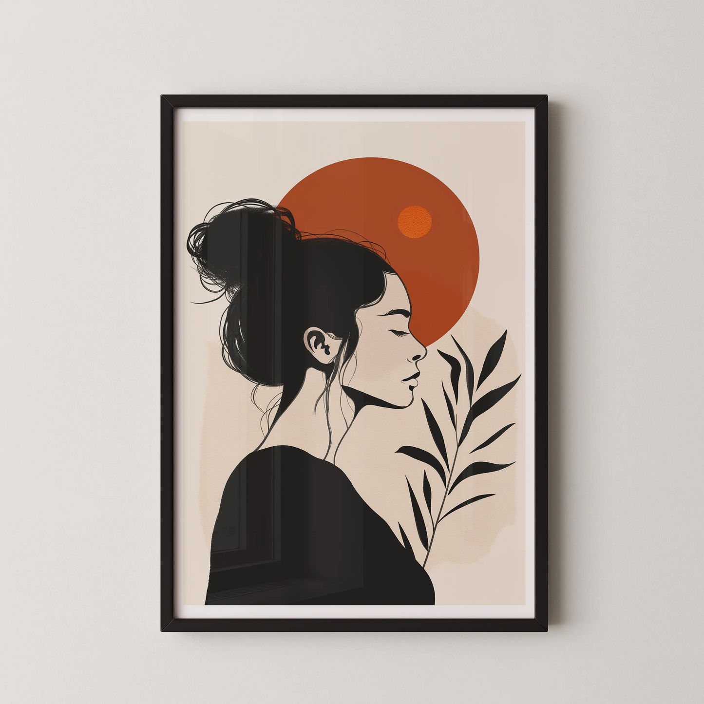 A modern minimalist line art poster featuring a woman holding leaves with a serene sun-like orb in the background.