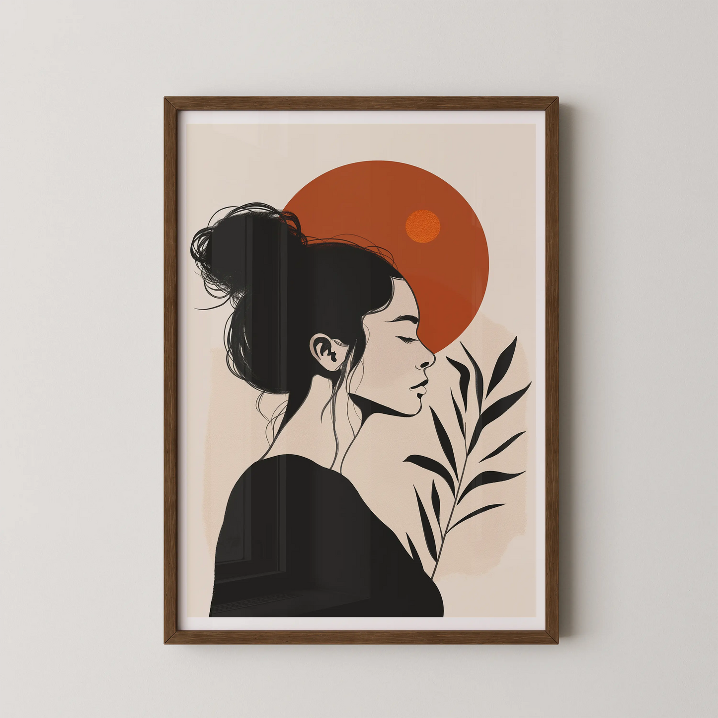 A modern minimalist line art poster featuring a woman holding leaves with a serene sun-like orb in the background.