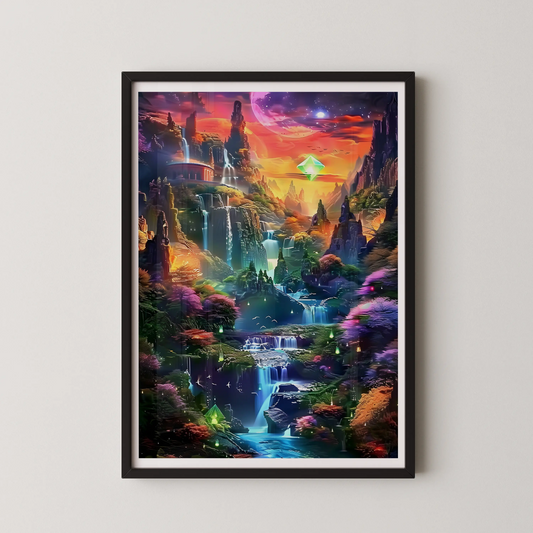A modern surrealist fantasy digital art print depicting a cosmic landscape with a floating crystal and waterfalls.