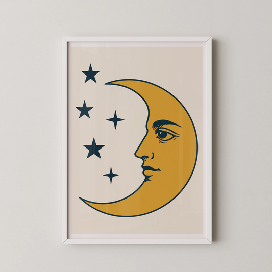 A vintage-style illustration of the moon and a constellation, rendered with bold shapes and a limited color palette.