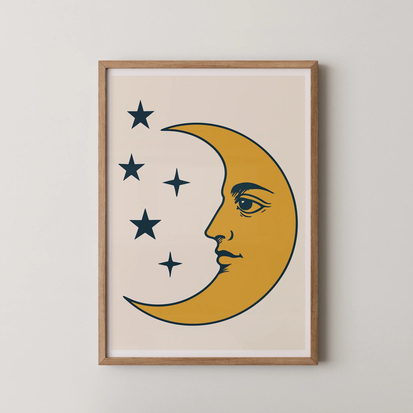 A vintage-style illustration of the moon and a constellation, rendered with bold shapes and a limited color palette.