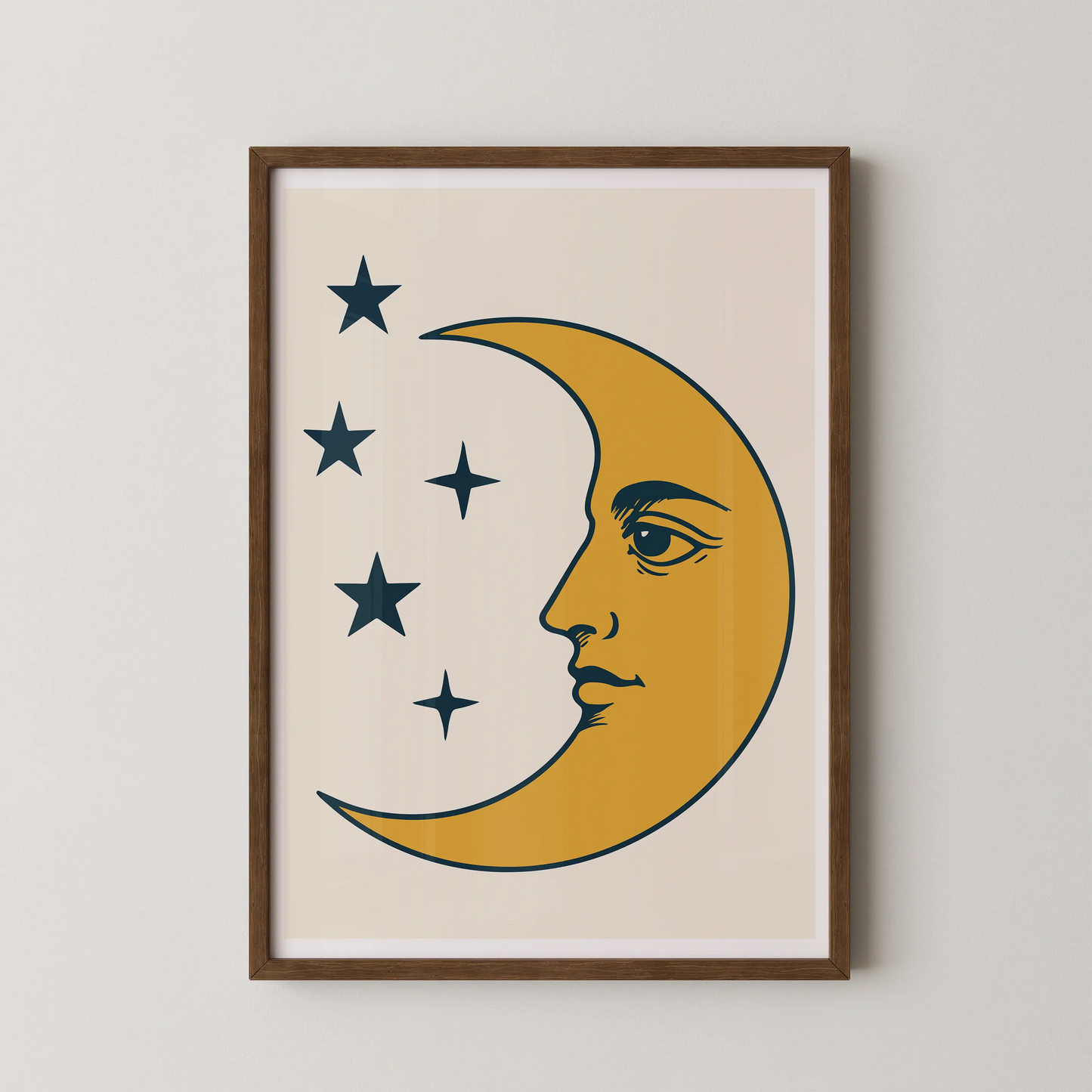 A vintage-style illustration of the moon and a constellation, rendered with bold shapes and a limited color palette.