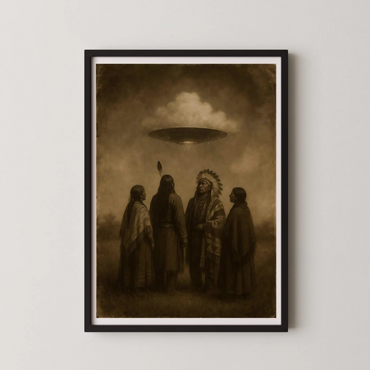 A vintage sepia-toned oil painting depicting a UFO hovering above four Native American figures looking up in awe.