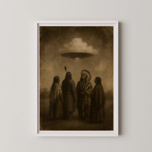 A vintage sepia-toned oil painting depicting a UFO hovering above four Native American figures looking up in awe.