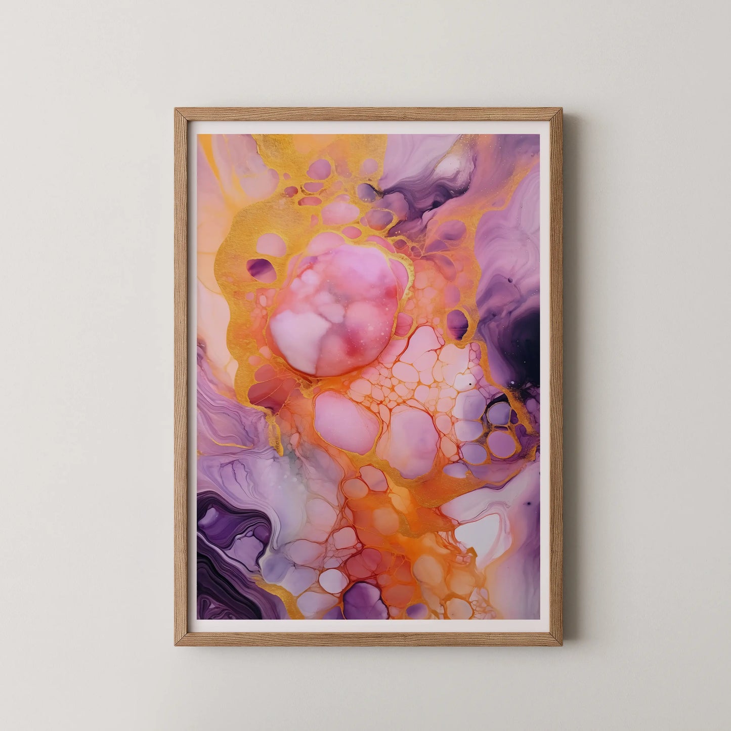 An abstract swirling artwork in lavender, peach, and gold, representing cosmic harmony in a modern style.
