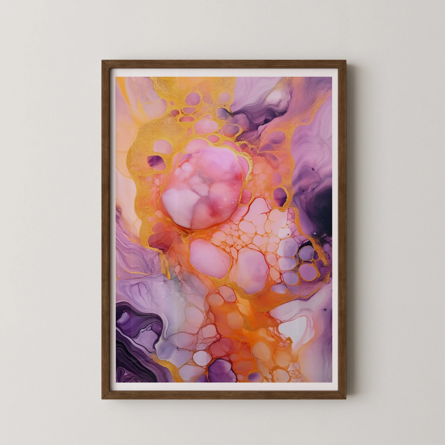 An abstract swirling artwork in lavender, peach, and gold, representing cosmic harmony in a modern style.