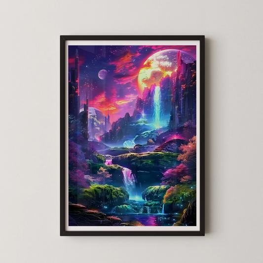 A surreal digital concept art piece depicting a neon landscape with a futuristic city and glowing planets.