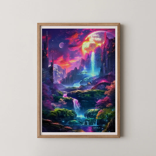 A surreal digital concept art piece depicting a neon landscape with a futuristic city and glowing planets.