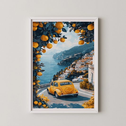 A modern illustration-style wall art print featuring a vintage yellow car driving on a coastal road.