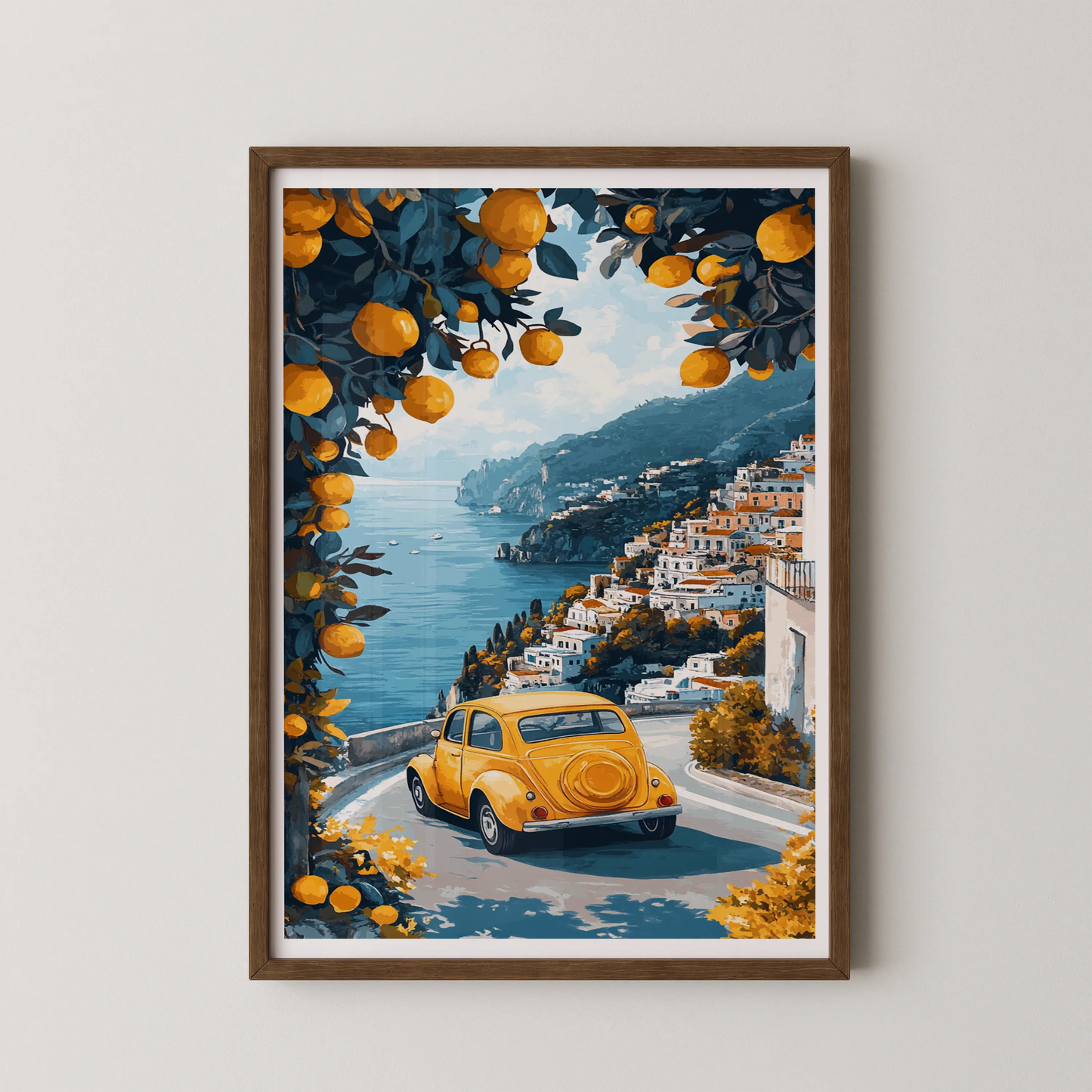 A modern illustration-style wall art print featuring a vintage yellow car driving on a coastal road.