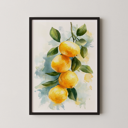 A modern watercolor artwork of ripe lemons with lush green leaves.