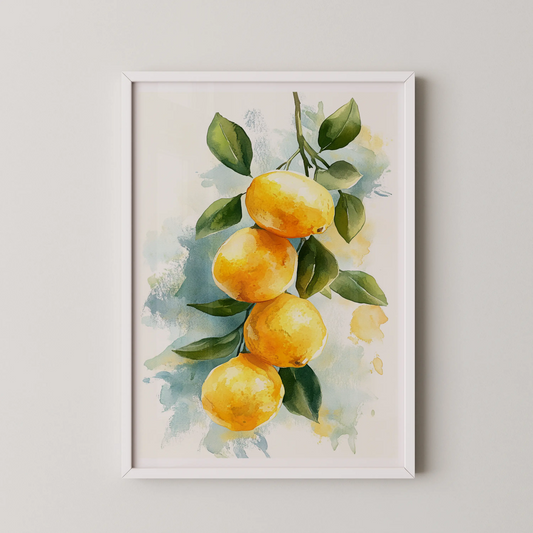A modern watercolor artwork of ripe lemons with lush green leaves.