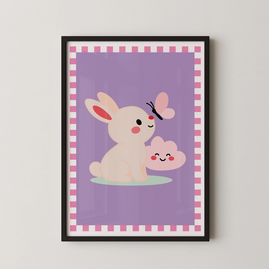 A flat vector illustration in the kawaii style of a cream-colored bunny with a red nose sitting on a mint green oval next to a smiling pink cloud.