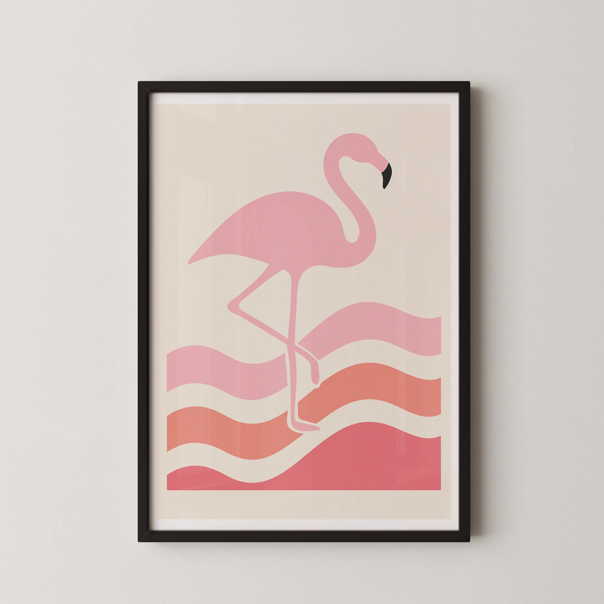 A minimalist line art poster of a flamingo against gentle waves, in a coastal serenity design.