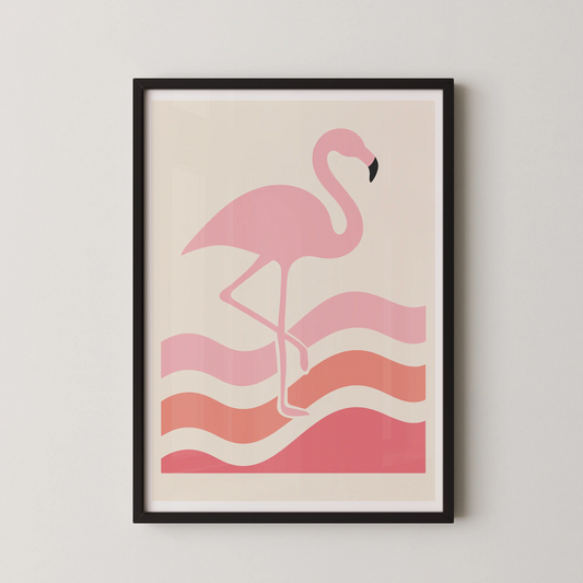 A minimalist line art poster of a flamingo against gentle waves, in a coastal serenity design.