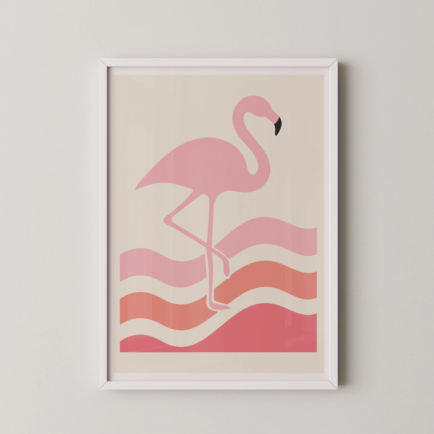 A minimalist line art poster of a flamingo against gentle waves, in a coastal serenity design.