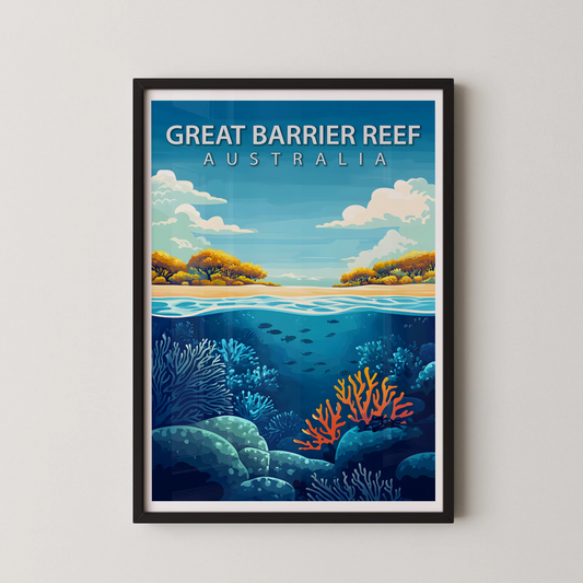 A modern travel-poster style illustration of the Great Barrier Reef, featuring a vibrant coral reef scene with fish and a sunlit shoreline.