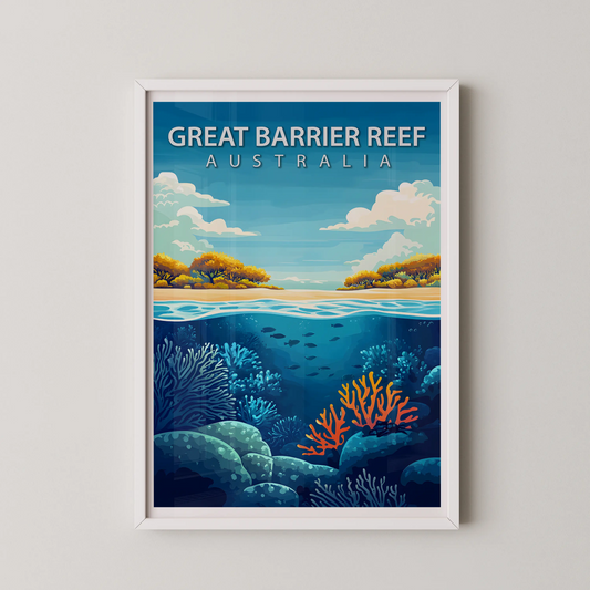 A modern travel-poster style illustration of the Great Barrier Reef, featuring a vibrant coral reef scene with fish and a sunlit shoreline.
