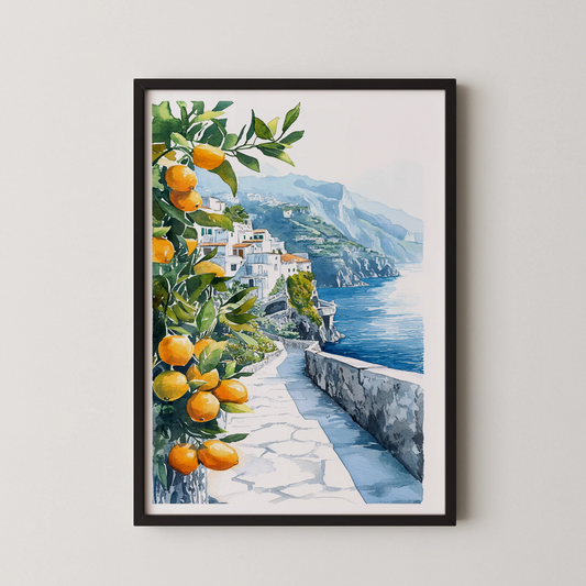A watercolor painting of a Mediterranean village pathway leading to the sea, in a modern style.