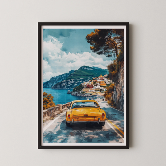 A vintage style digital art poster showing a yellow vintage car driving on a coastal road.
