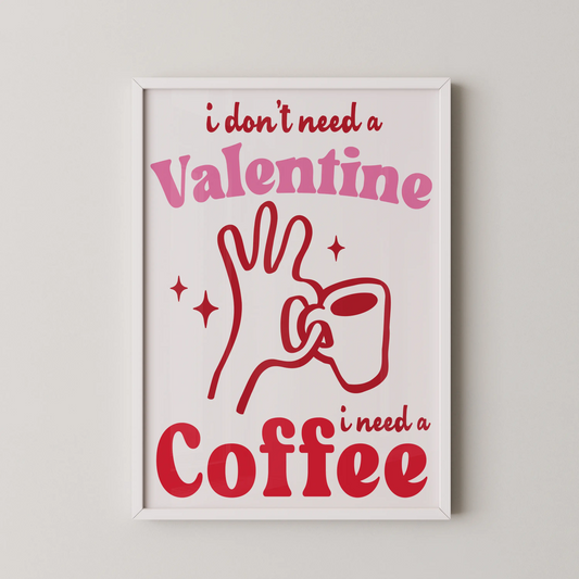 A pop art print showing a red line-drawn hand gripping a coffee cup, set against a black background.