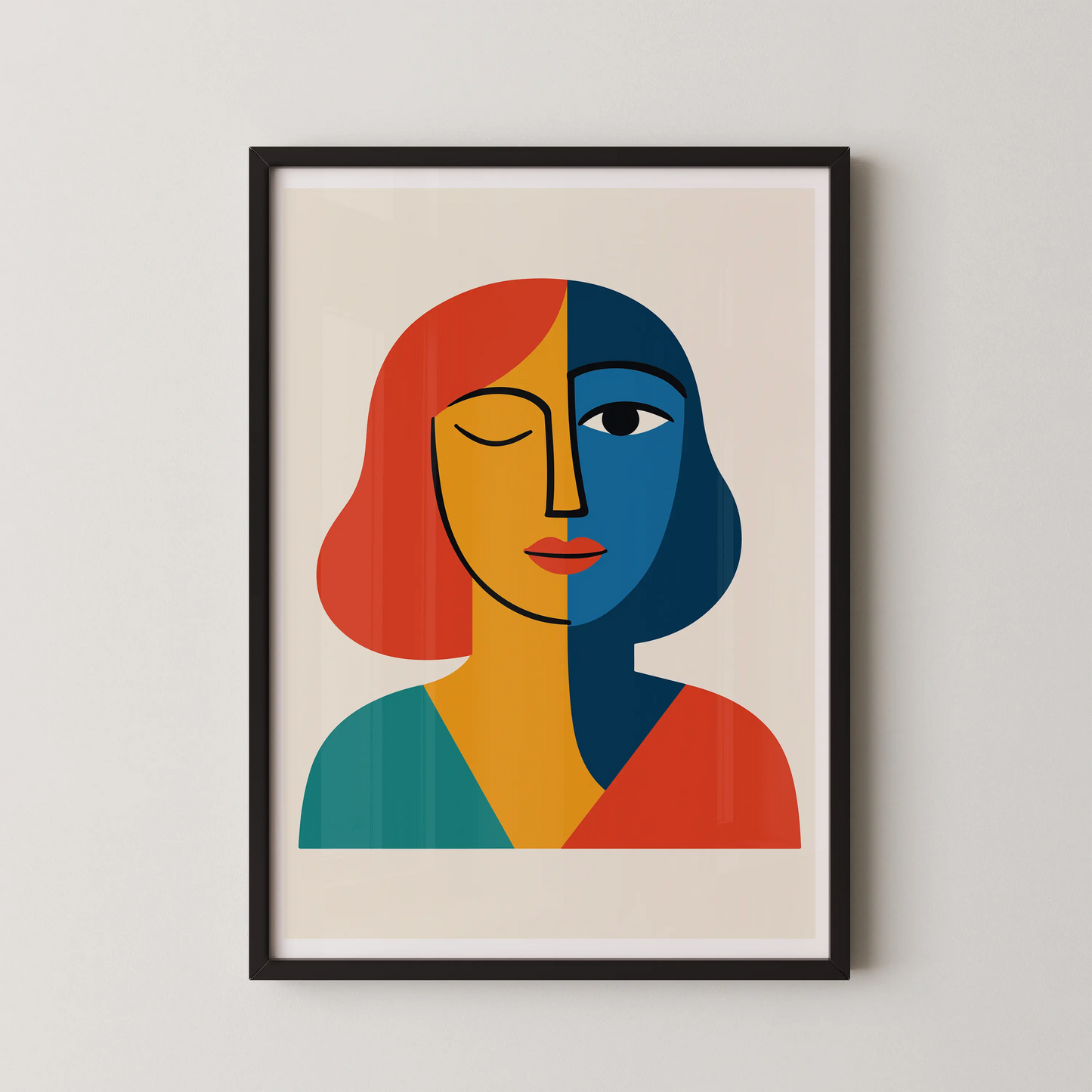 A modern abstract wall art poster of a stylized visage in modern style, featuring vibrant dual-tone colors.