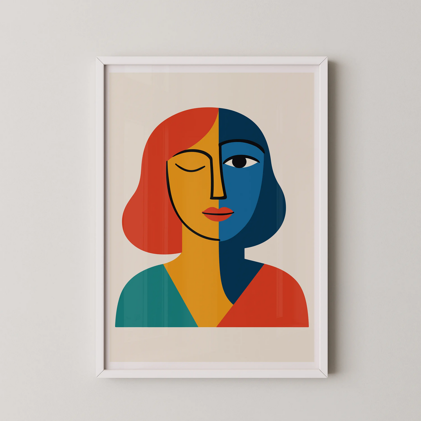 A modern abstract wall art poster of a stylized visage in modern style, featuring vibrant dual-tone colors.