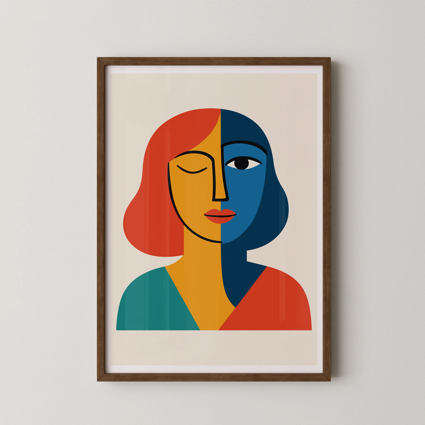 A modern abstract wall art poster of a stylized visage in modern style, featuring vibrant dual-tone colors.