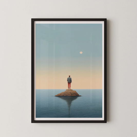 A minimalist wall art poster featuring a solitary figure on a rocky outcrop in a serene ocean at dusk.