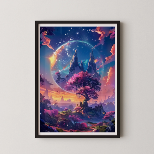 An abstract digital painting of a celestial garden with jagged mountains and a luminous halo, rendered in a fantasy art style.